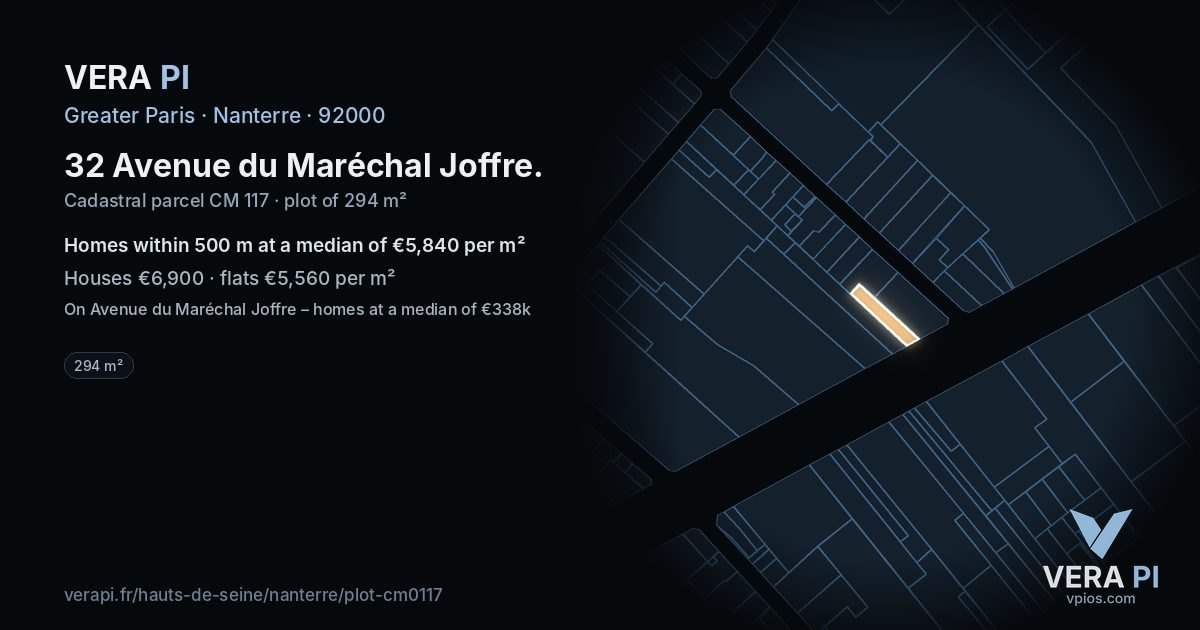 32 Avenue du Maréchal Joffre, Nanterre at night – the plot lit, the parcels around coloured by the prices near them