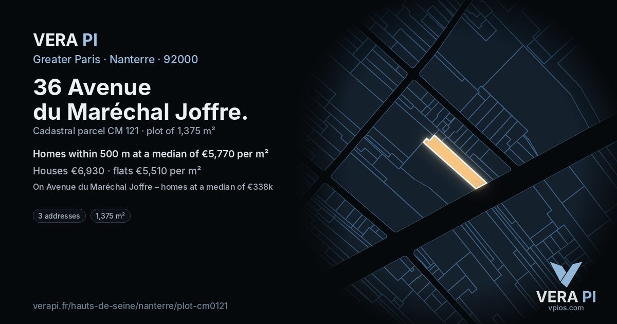 36 Avenue du Maréchal Joffre, Nanterre at night – the plot lit, the parcels around coloured by the prices near them