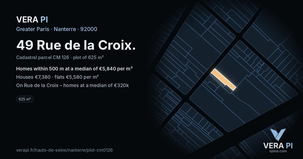 49 Rue de la Croix, Nanterre at night – the plot lit, the parcels around coloured by the prices near them