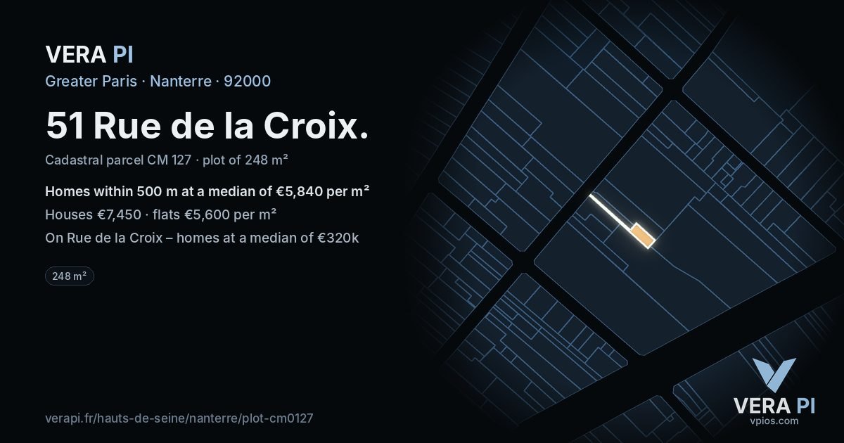 51 Rue de la Croix, Nanterre at night – the plot lit, the parcels around coloured by the prices near them