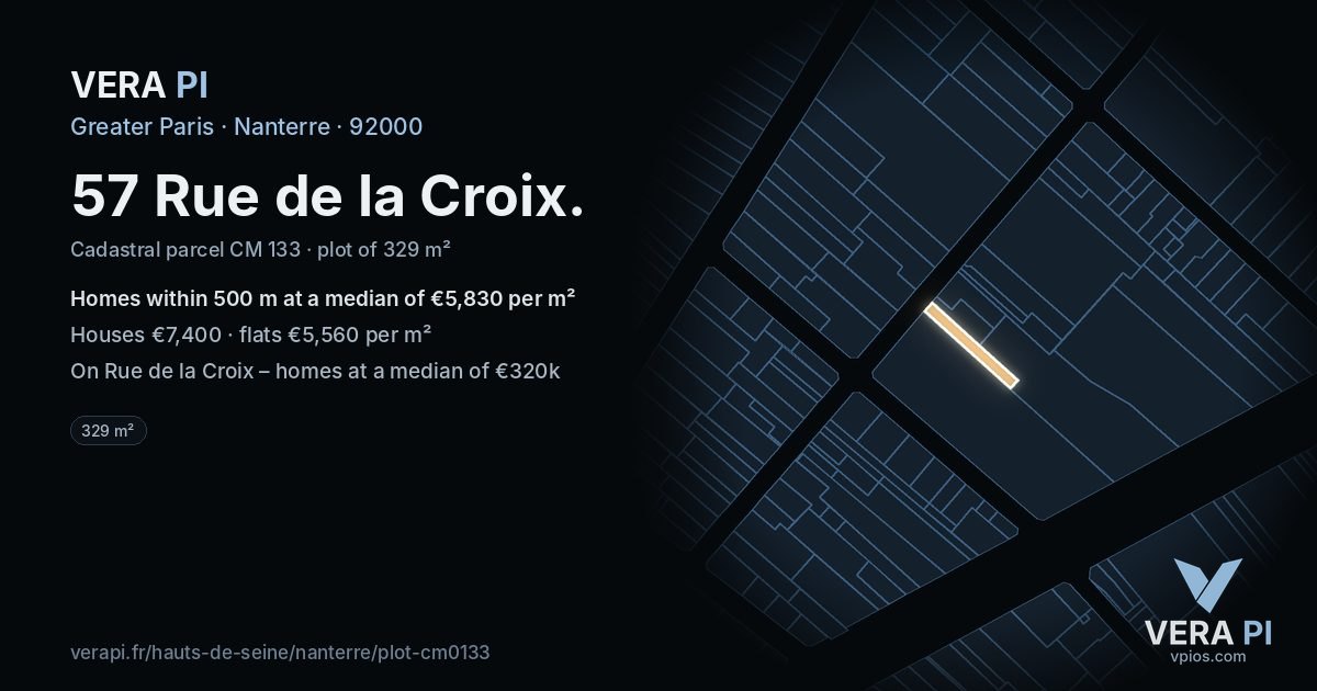 57 Rue de la Croix, Nanterre at night – the plot lit, the parcels around coloured by the prices near them