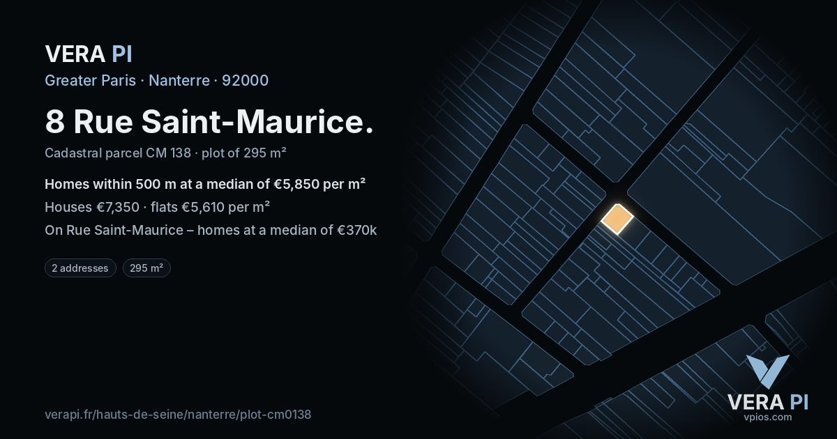 8 Rue Saint-Maurice, Nanterre at night – the plot lit, the parcels around coloured by the prices near them