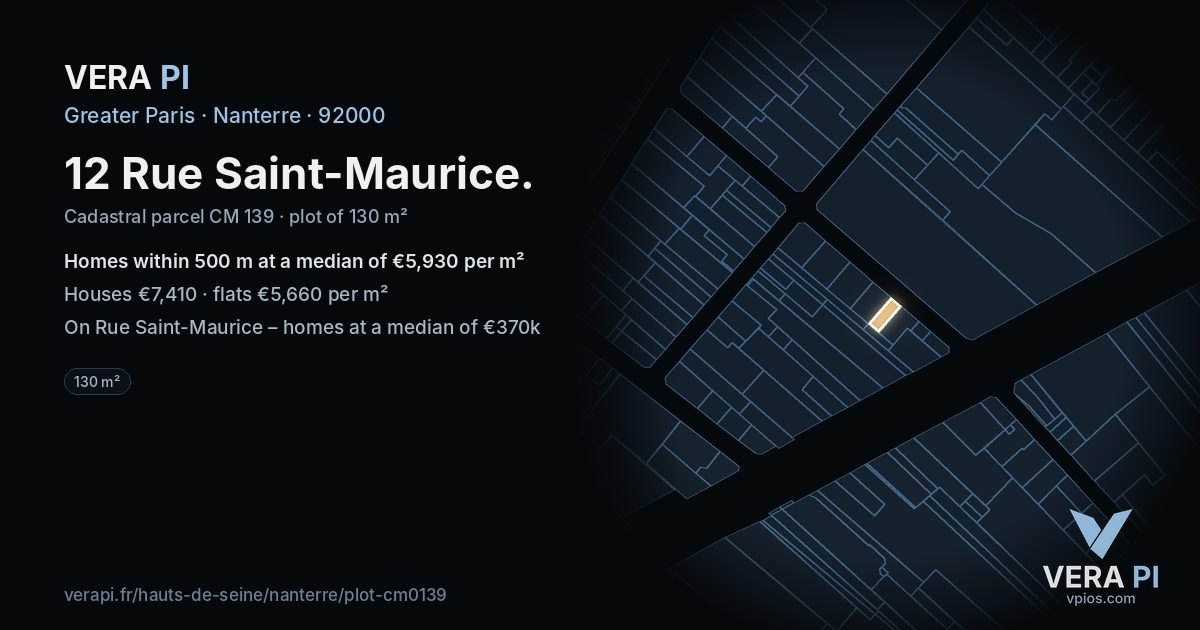 12 Rue Saint-Maurice, Nanterre at night – the plot lit, the parcels around coloured by the prices near them