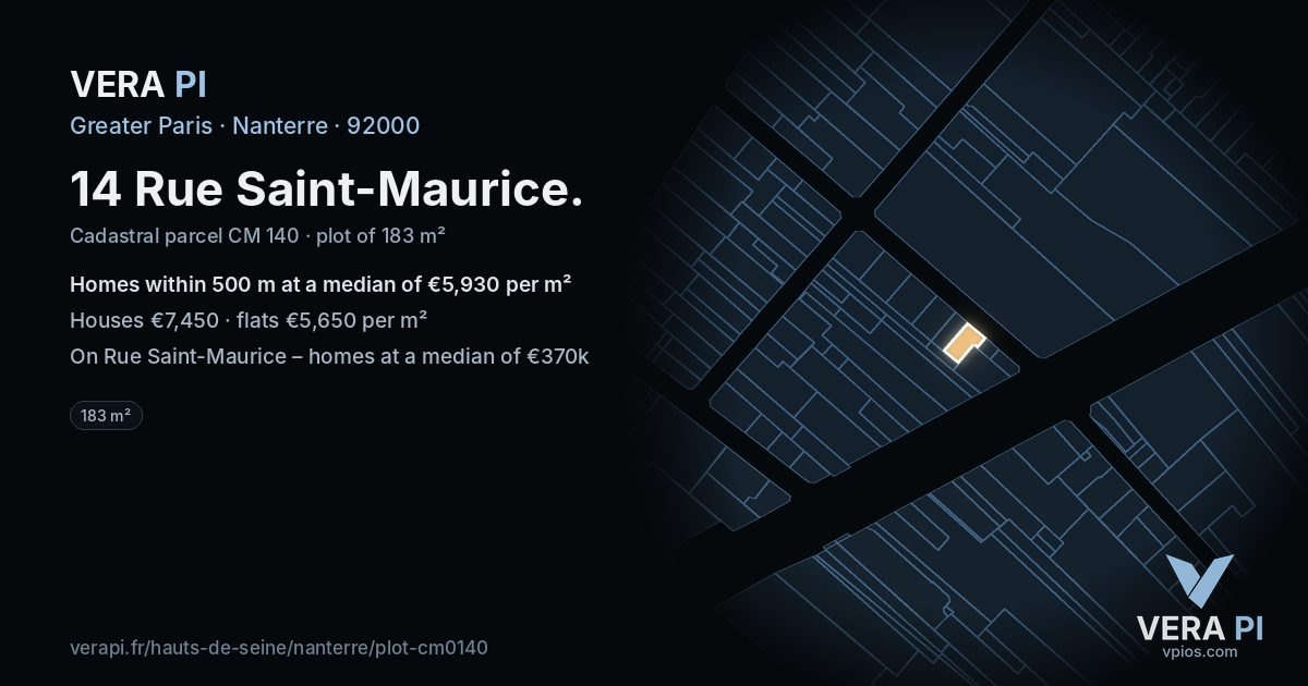 14 Rue Saint-Maurice, Nanterre at night – the plot lit, the parcels around coloured by the prices near them