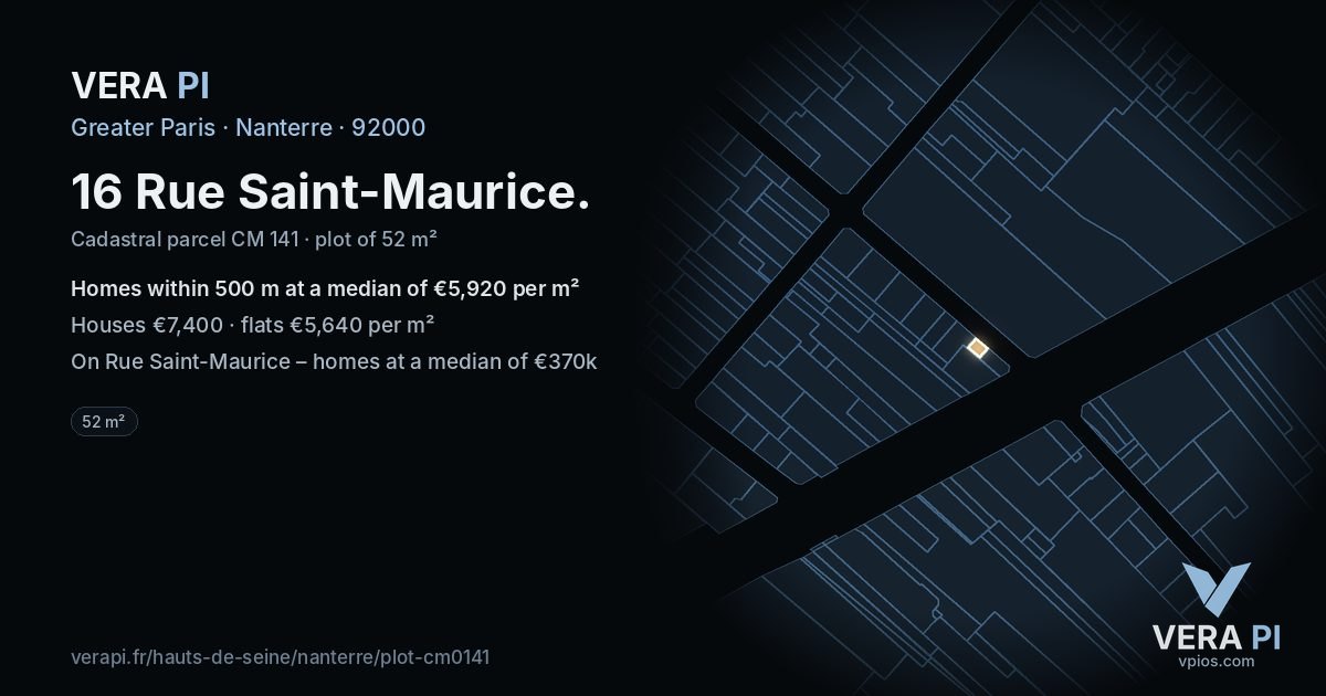 16 Rue Saint-Maurice, Nanterre at night – the plot lit, the parcels around coloured by the prices near them