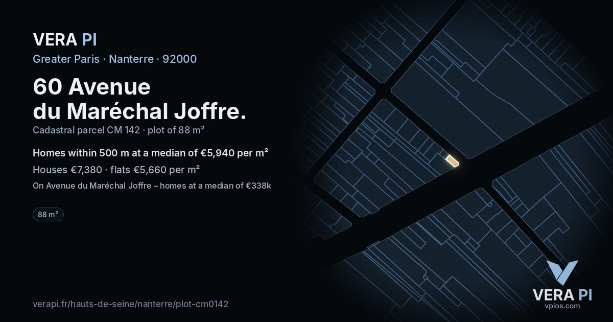 60 Avenue du Maréchal Joffre, Nanterre at night – the plot lit, the parcels around coloured by the prices near them
