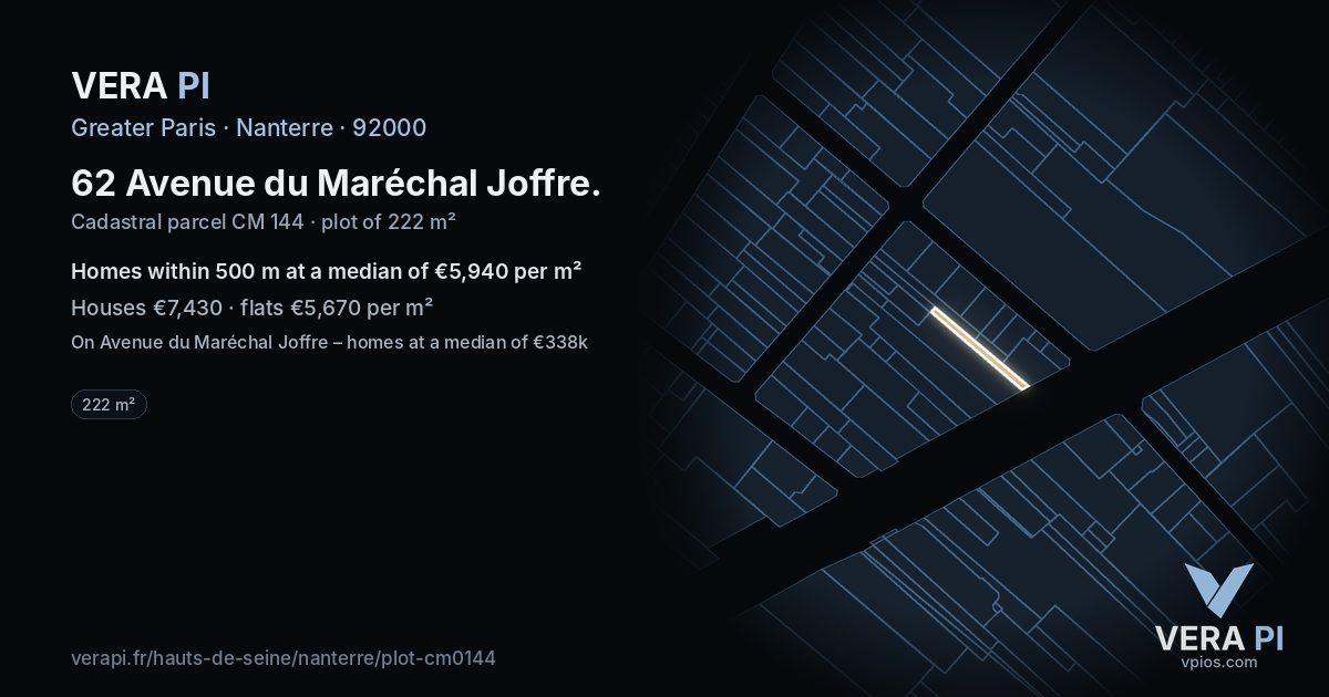 62 Avenue du Maréchal Joffre, Nanterre at night – the plot lit, the parcels around coloured by the prices near them