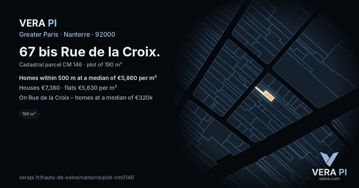 67 bis Rue de la Croix, Nanterre at night – the plot lit, the parcels around coloured by the prices near them