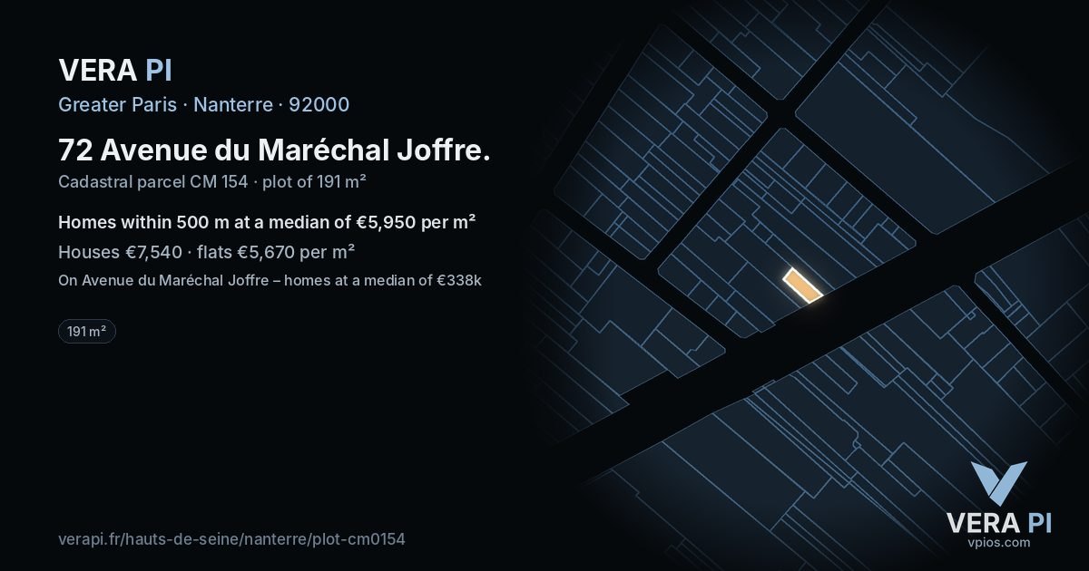 72 Avenue du Maréchal Joffre, Nanterre at night – the plot lit, the parcels around coloured by the prices near them