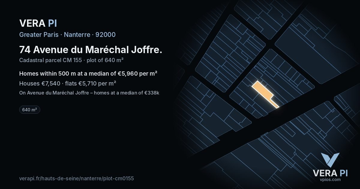 74 Avenue du Maréchal Joffre, Nanterre at night – the plot lit, the parcels around coloured by the prices near them