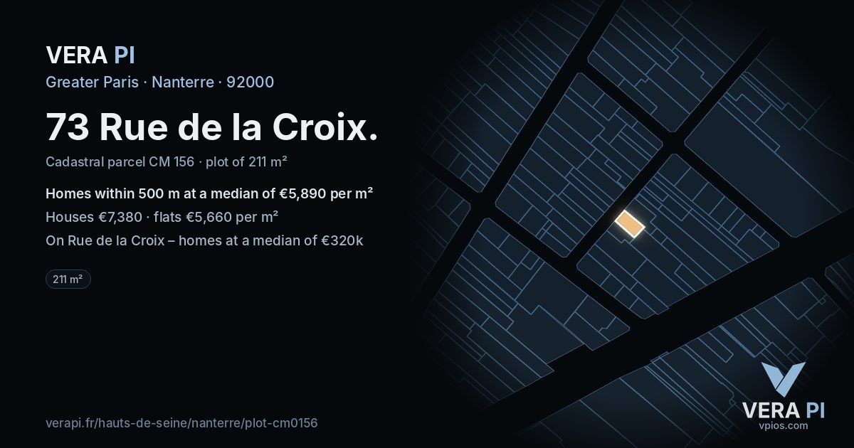 73 Rue de la Croix, Nanterre at night – the plot lit, the parcels around coloured by the prices near them