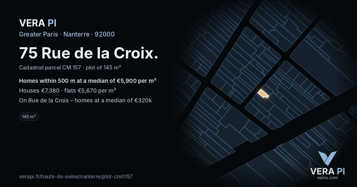 75 Rue de la Croix, Nanterre at night – the plot lit, the parcels around coloured by the prices near them