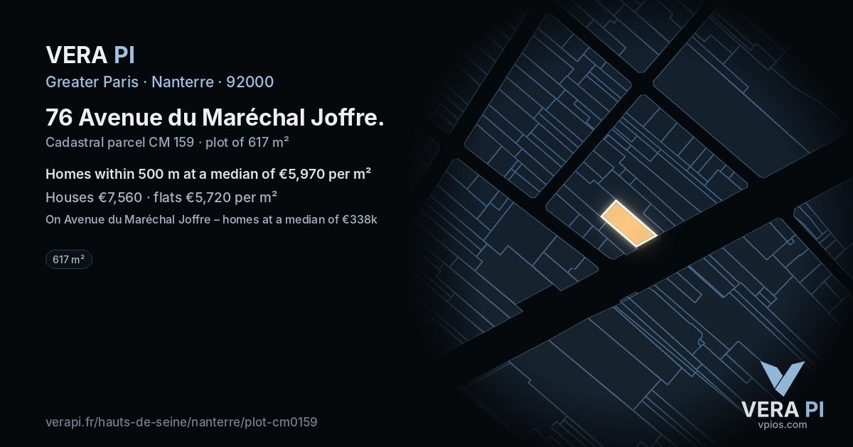 76 Avenue du Maréchal Joffre, Nanterre at night – the plot lit, the parcels around coloured by the prices near them