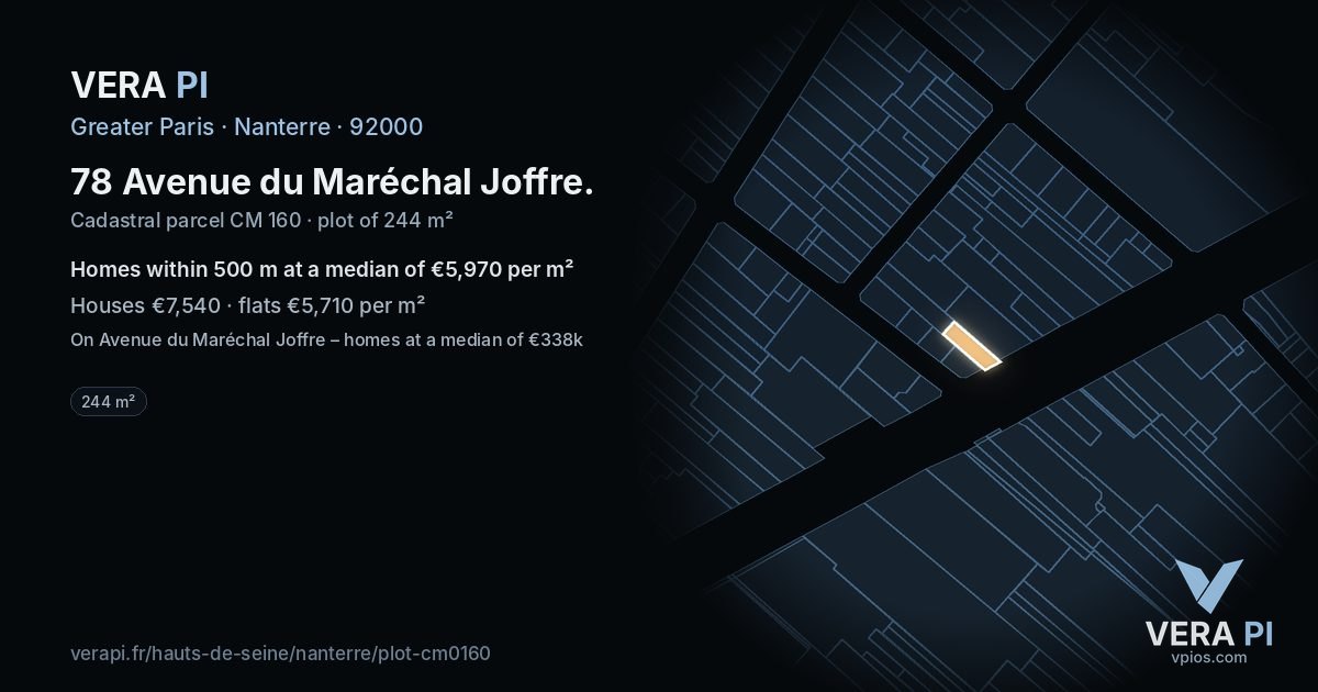 78 Avenue du Maréchal Joffre, Nanterre at night – the plot lit, the parcels around coloured by the prices near them
