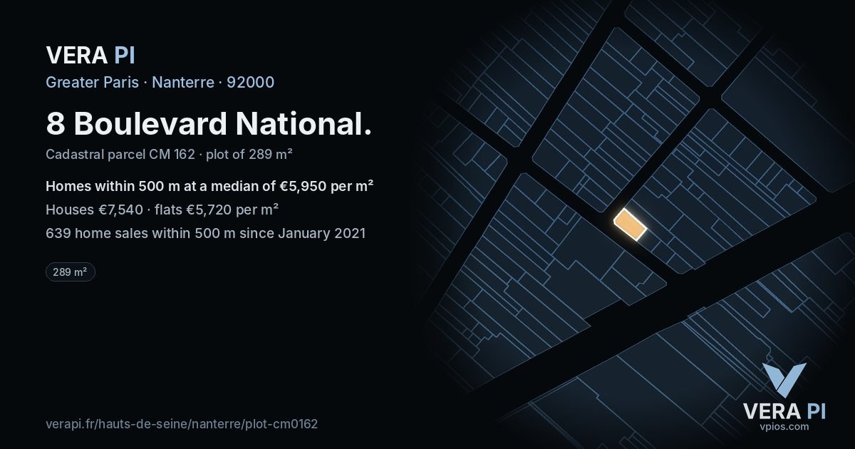 8 Boulevard National, Nanterre at night – the plot lit, the parcels around coloured by the prices near them
