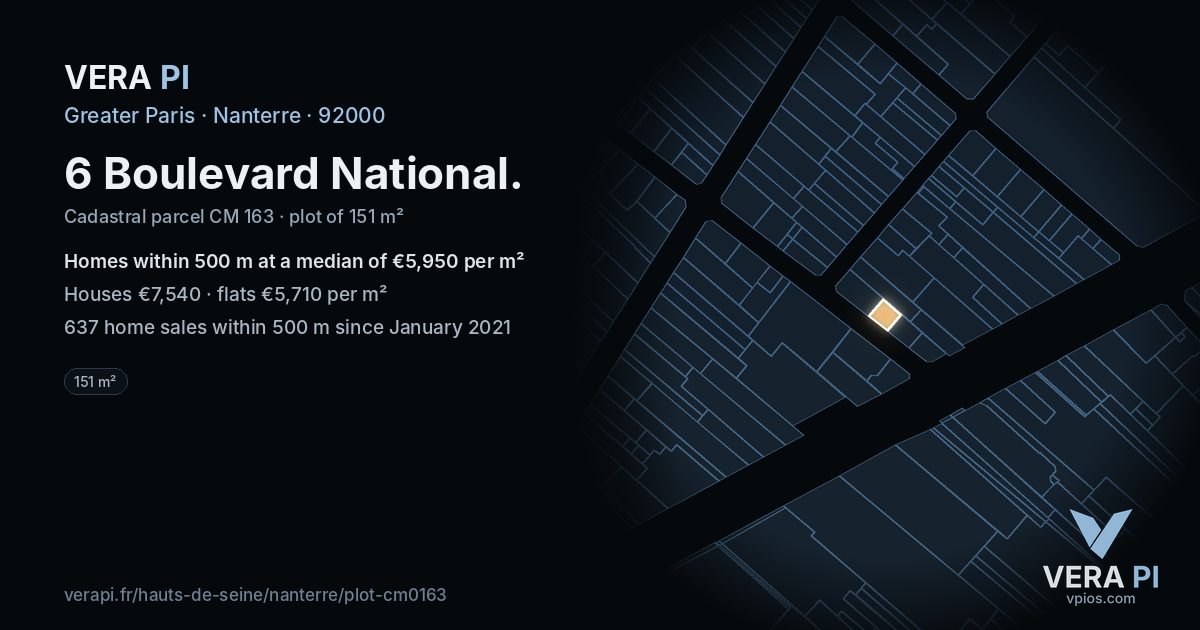 6 Boulevard National, Nanterre at night – the plot lit, the parcels around coloured by the prices near them