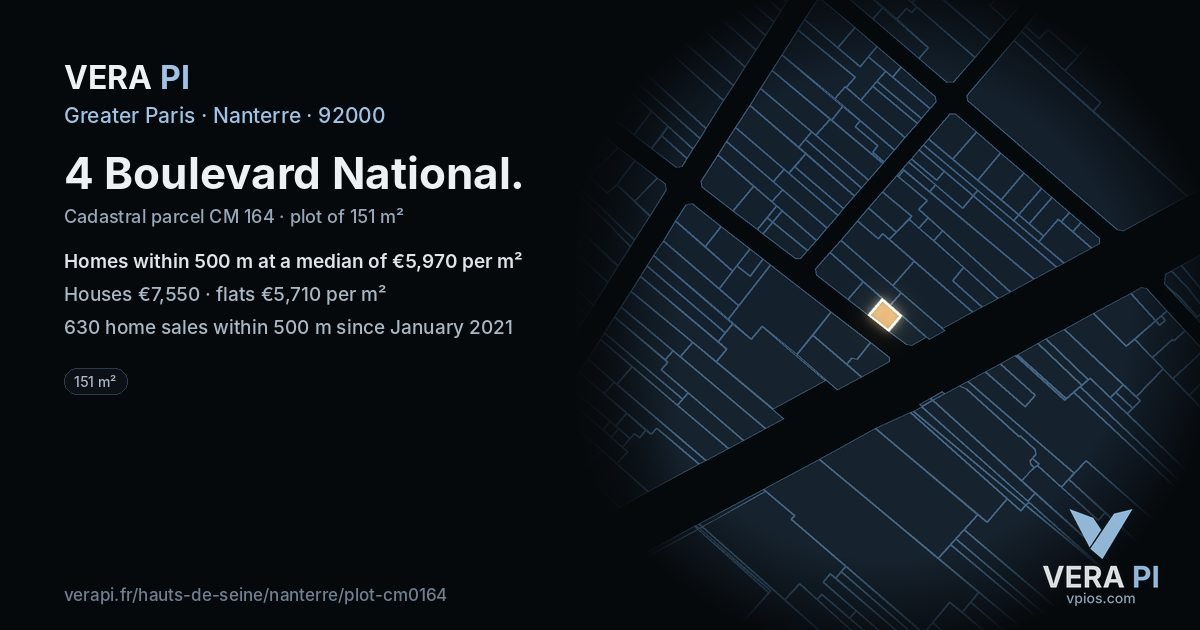 4 Boulevard National, Nanterre at night – the plot lit, the parcels around coloured by the prices near them