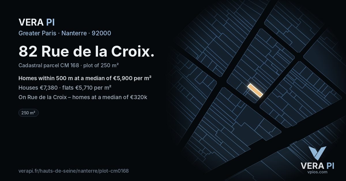 82 Rue de la Croix, Nanterre at night – the plot lit, the parcels around coloured by the prices near them