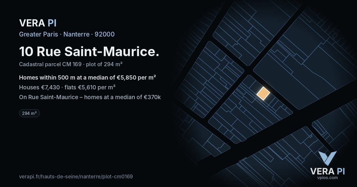 10 Rue Saint-Maurice, Nanterre at night – the plot lit, the parcels around coloured by the prices near them