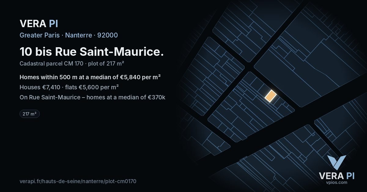 10 bis Rue Saint-Maurice, Nanterre at night – the plot lit, the parcels around coloured by the prices near them