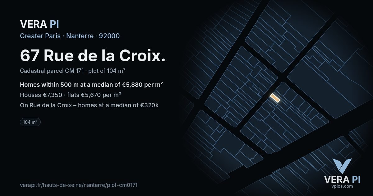 67 Rue de la Croix, Nanterre at night – the plot lit, the parcels around coloured by the prices near them