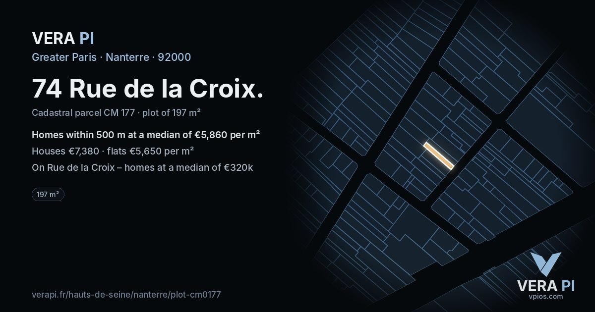 74 Rue de la Croix, Nanterre at night – the plot lit, the parcels around coloured by the prices near them
