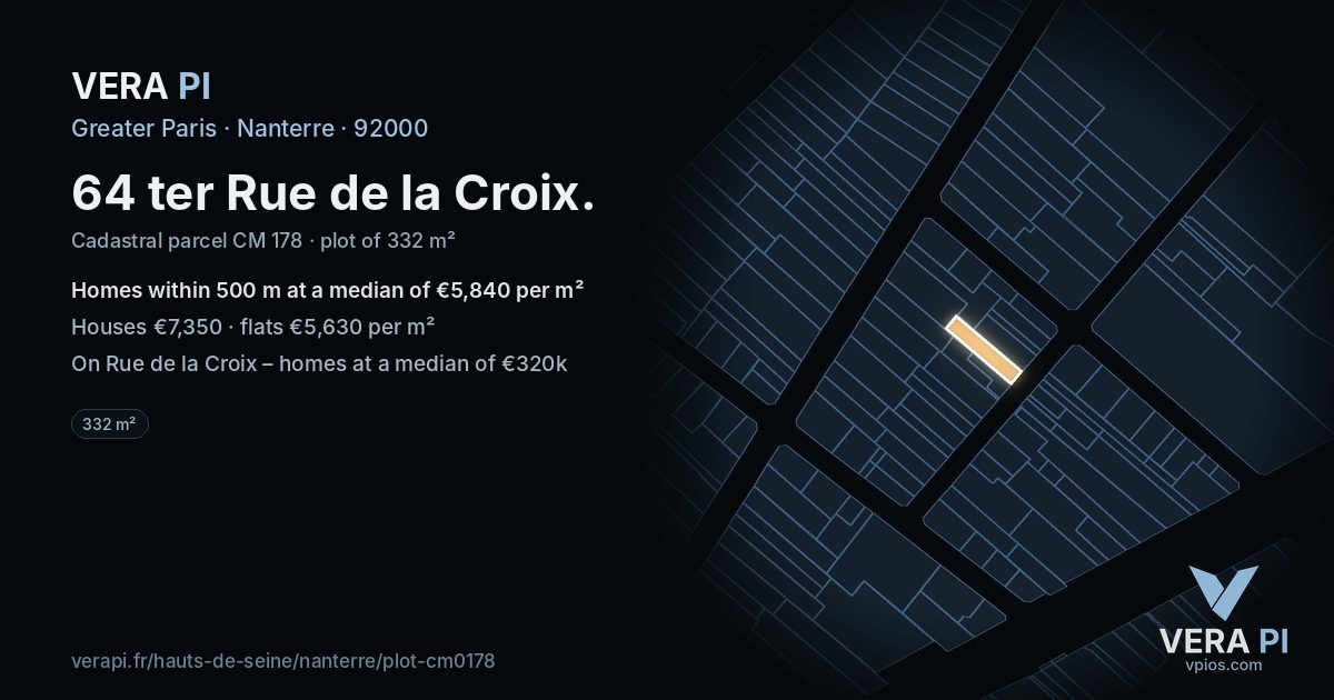 64 ter Rue de la Croix, Nanterre at night – the plot lit, the parcels around coloured by the prices near them