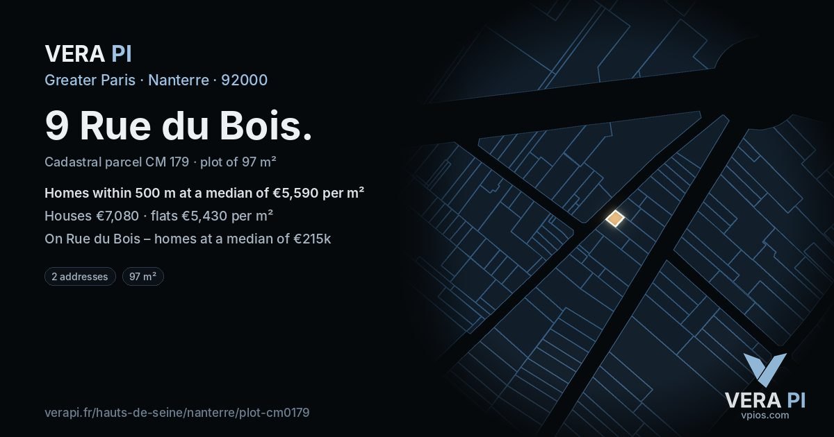 9 Rue du Bois, Nanterre at night – the plot lit, the parcels around coloured by the prices near them