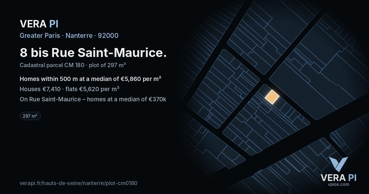 8 bis Rue Saint-Maurice, Nanterre at night – the plot lit, the parcels around coloured by the prices near them