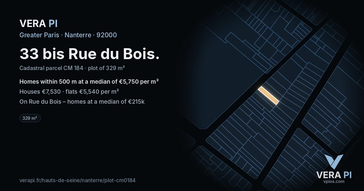 33 bis Rue du Bois, Nanterre at night – the plot lit, the parcels around coloured by the prices near them