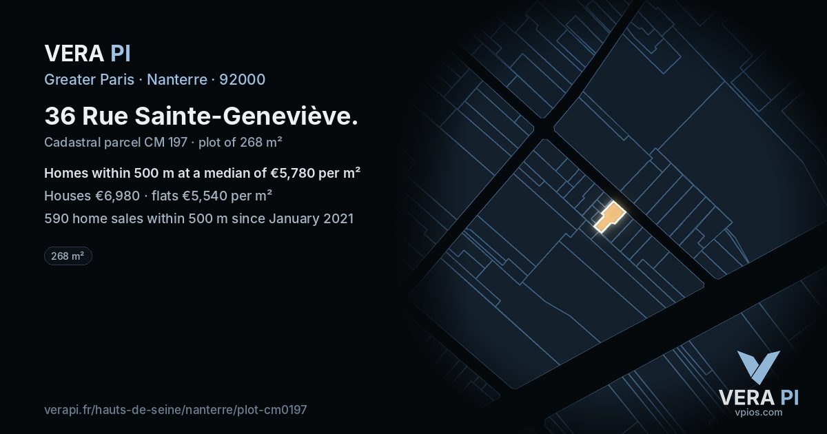 36 Rue Sainte-Geneviève, Nanterre at night – the plot lit, the parcels around coloured by the prices near them