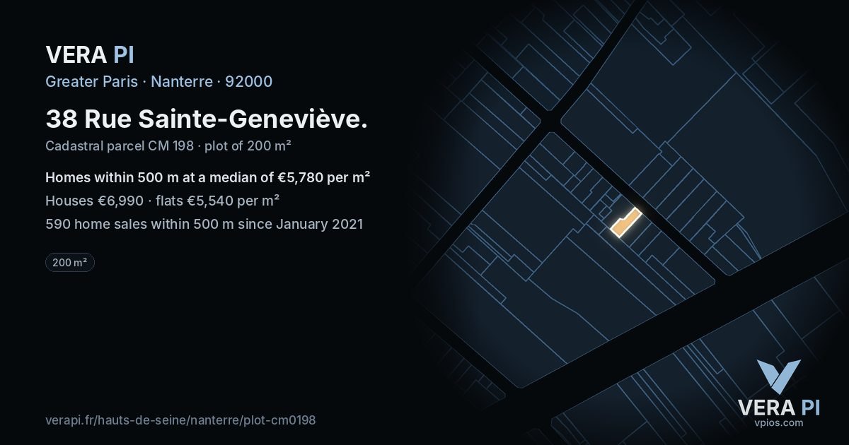 38 Rue Sainte-Geneviève, Nanterre at night – the plot lit, the parcels around coloured by the prices near them