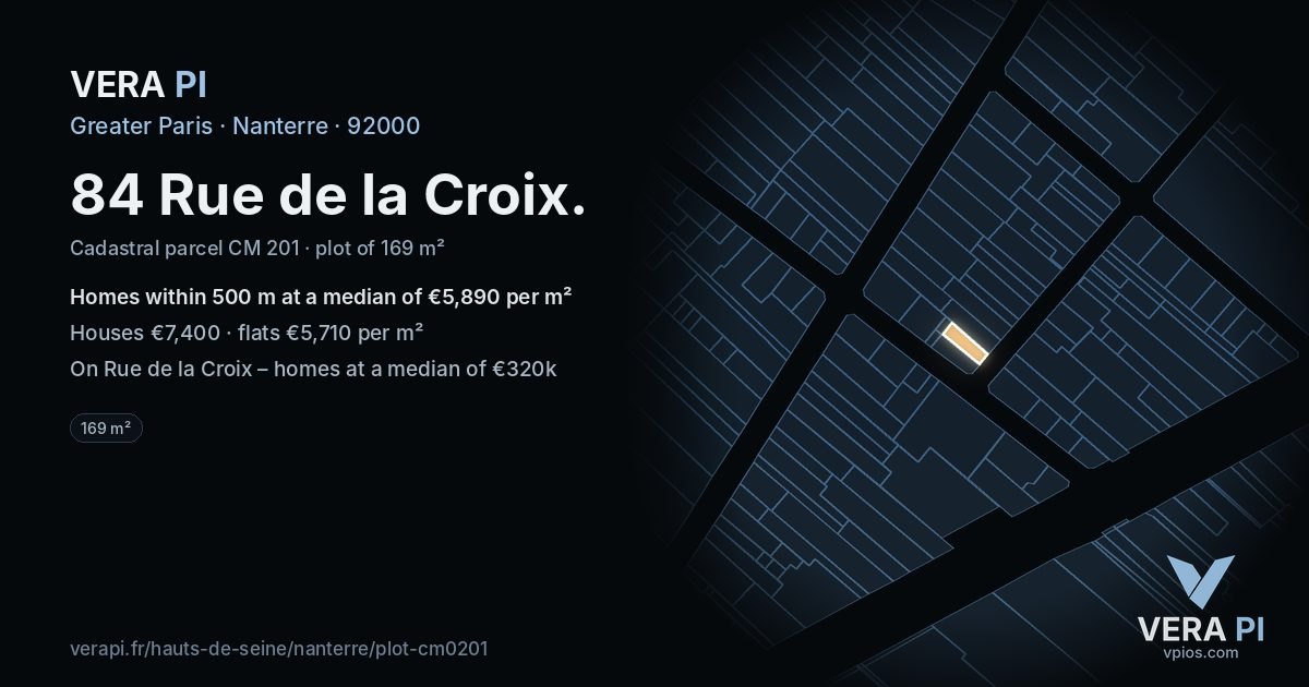 84 Rue de la Croix, Nanterre at night – the plot lit, the parcels around coloured by the prices near them