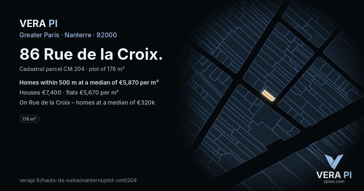 86 Rue de la Croix, Nanterre at night – the plot lit, the parcels around coloured by the prices near them
