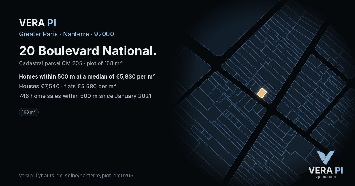 20 Boulevard National, Nanterre at night – the plot lit, the parcels around coloured by the prices near them