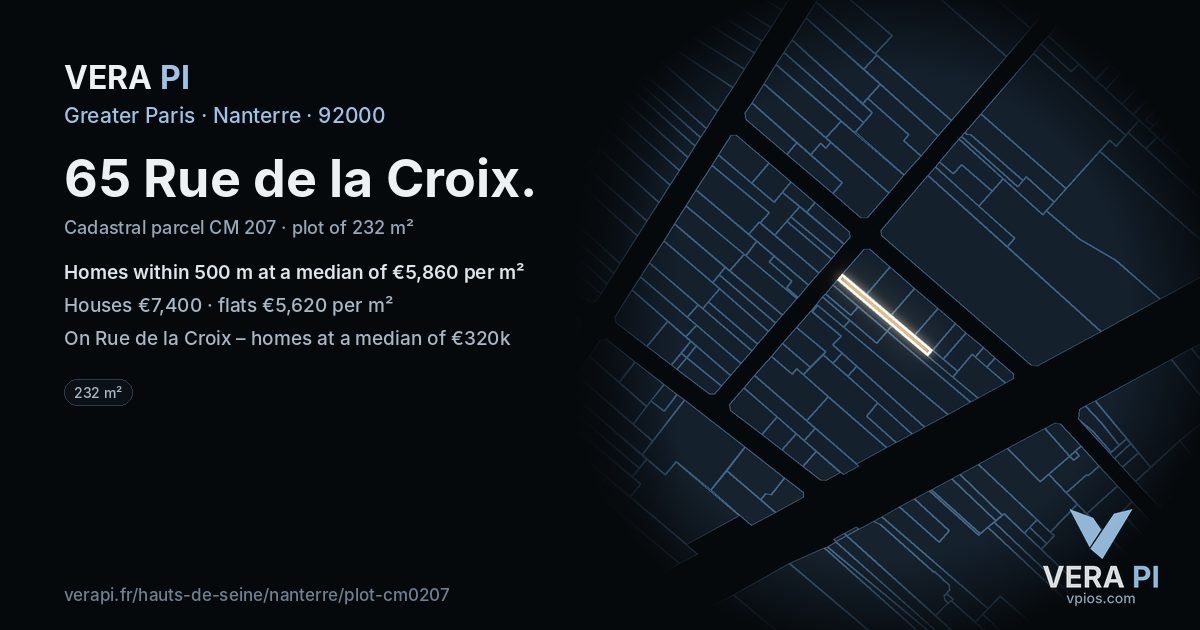65 Rue de la Croix, Nanterre at night – the plot lit, the parcels around coloured by the prices near them
