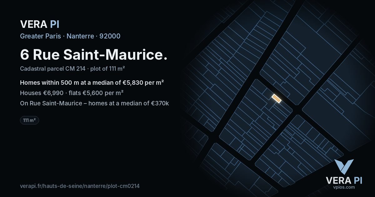 6 Rue Saint-Maurice, Nanterre at night – the plot lit, the parcels around coloured by the prices near them