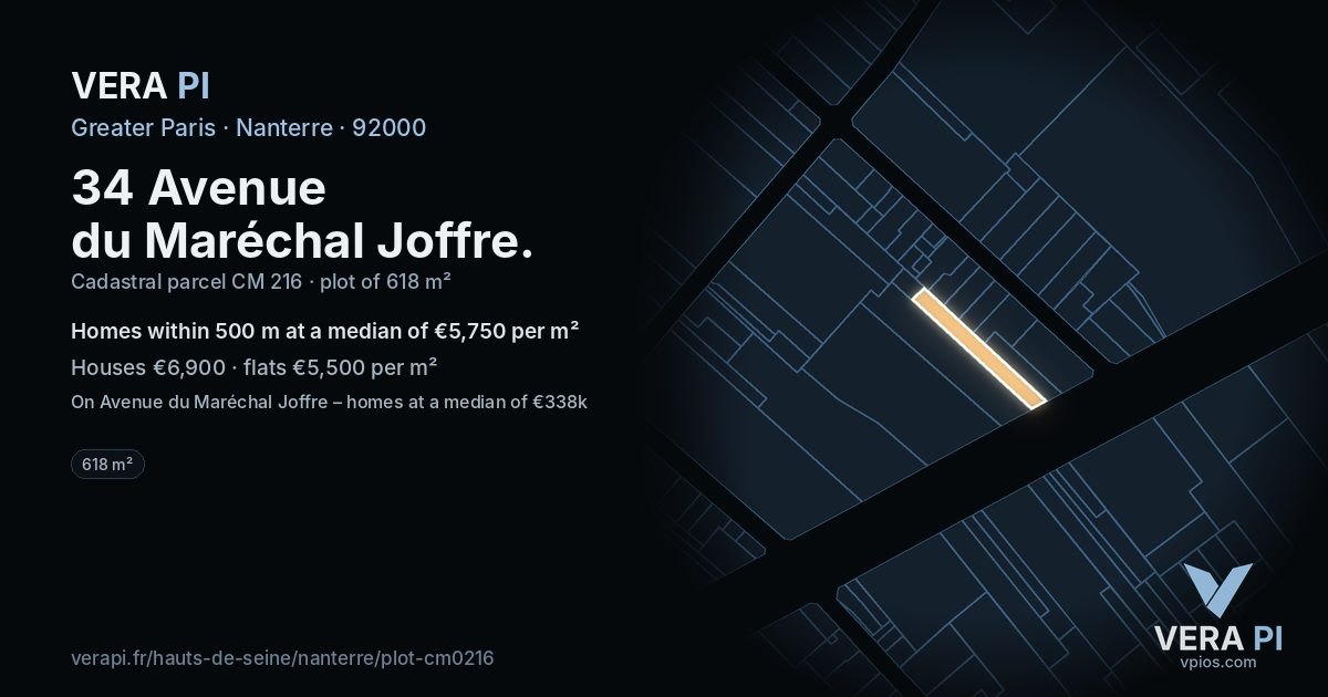 34 Avenue du Maréchal Joffre, Nanterre at night – the plot lit, the parcels around coloured by the prices near them