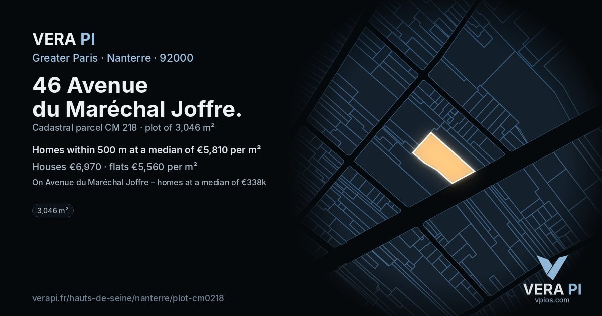 46 Avenue du Maréchal Joffre, Nanterre at night – the plot lit, the parcels around coloured by the prices near them