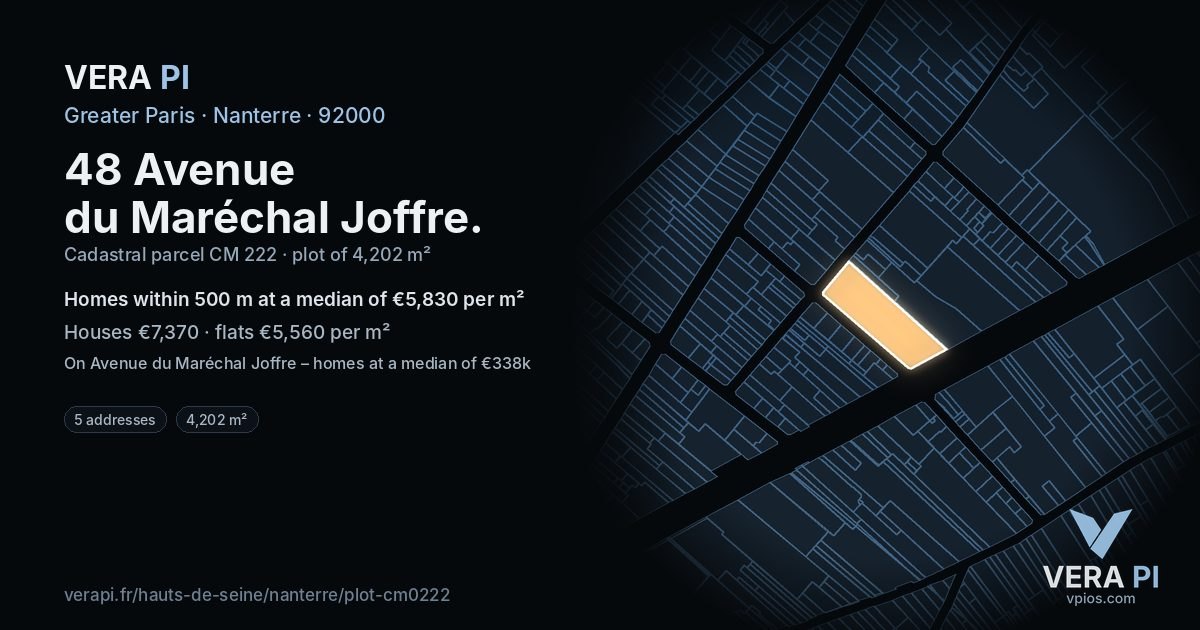 48 Avenue du Maréchal Joffre, Nanterre at night – the plot lit, the parcels around coloured by the prices near them