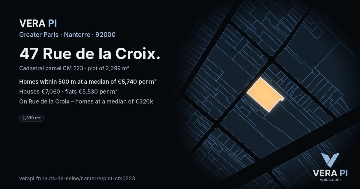 47 Rue de la Croix, Nanterre at night – the plot lit, the parcels around coloured by the prices near them