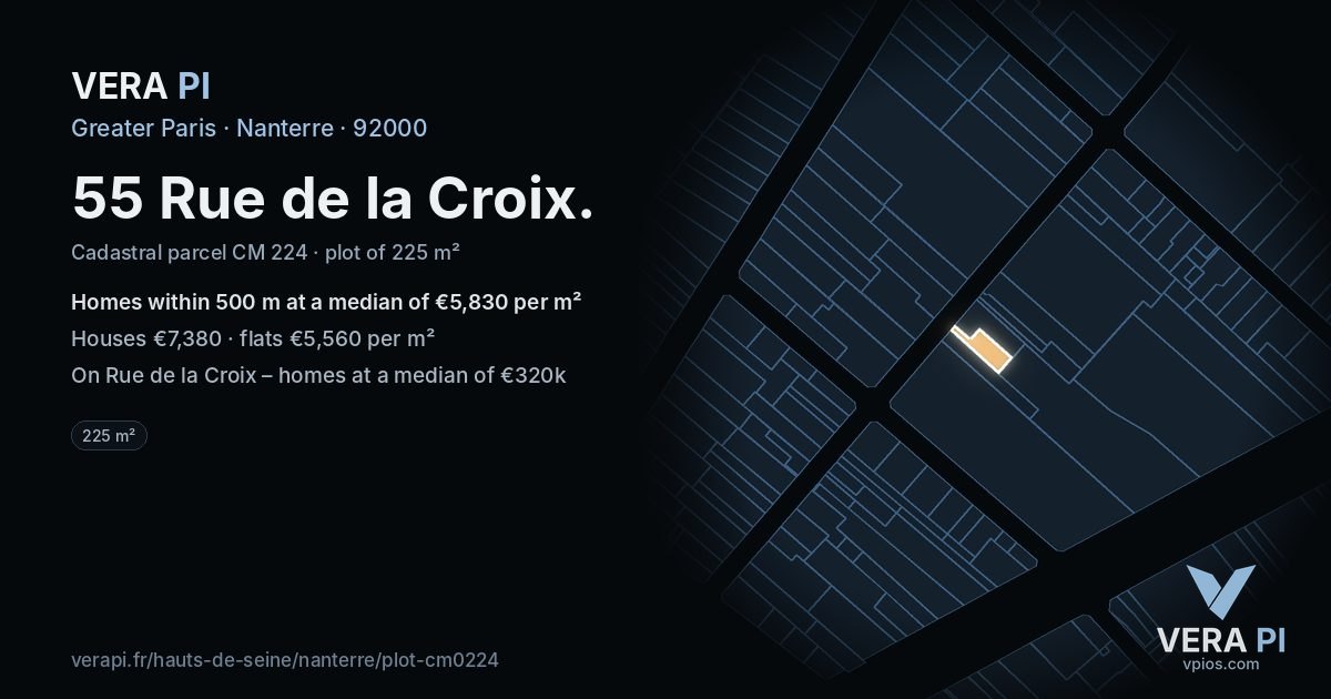 55 Rue de la Croix, Nanterre at night – the plot lit, the parcels around coloured by the prices near them