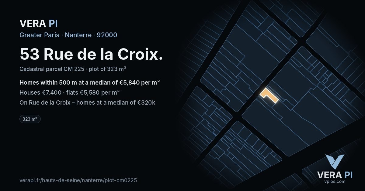 53 Rue de la Croix, Nanterre at night – the plot lit, the parcels around coloured by the prices near them