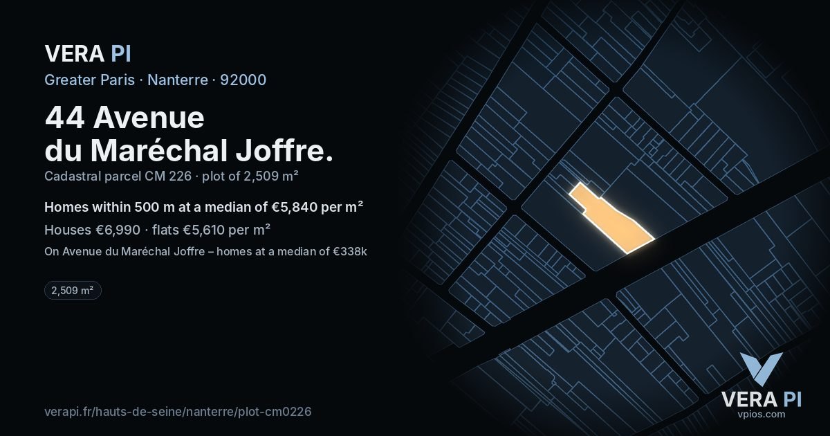 44 Avenue du Maréchal Joffre, Nanterre at night – the plot lit, the parcels around coloured by the prices near them