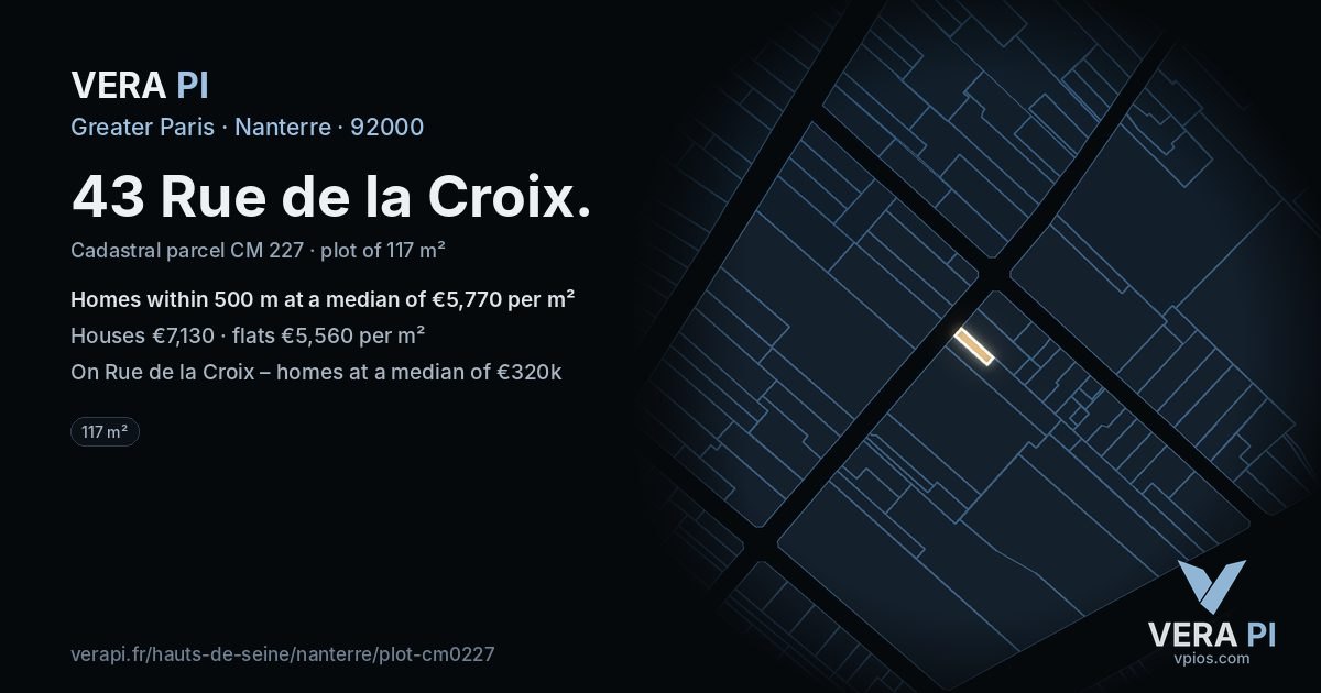 43 Rue de la Croix, Nanterre at night – the plot lit, the parcels around coloured by the prices near them