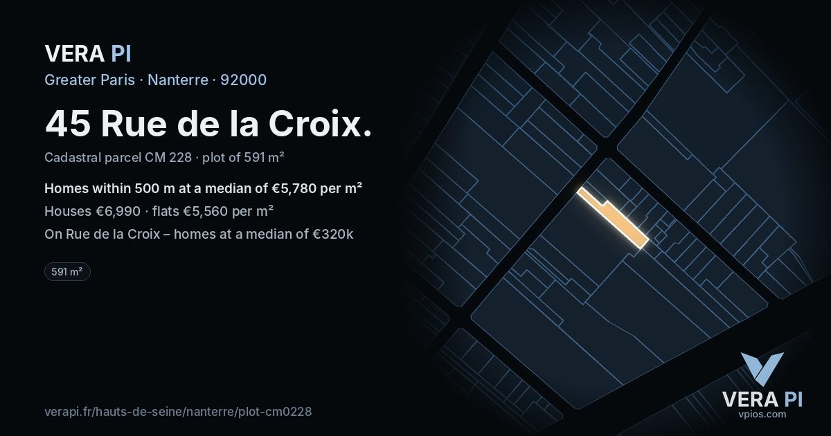 45 Rue de la Croix, Nanterre at night – the plot lit, the parcels around coloured by the prices near them
