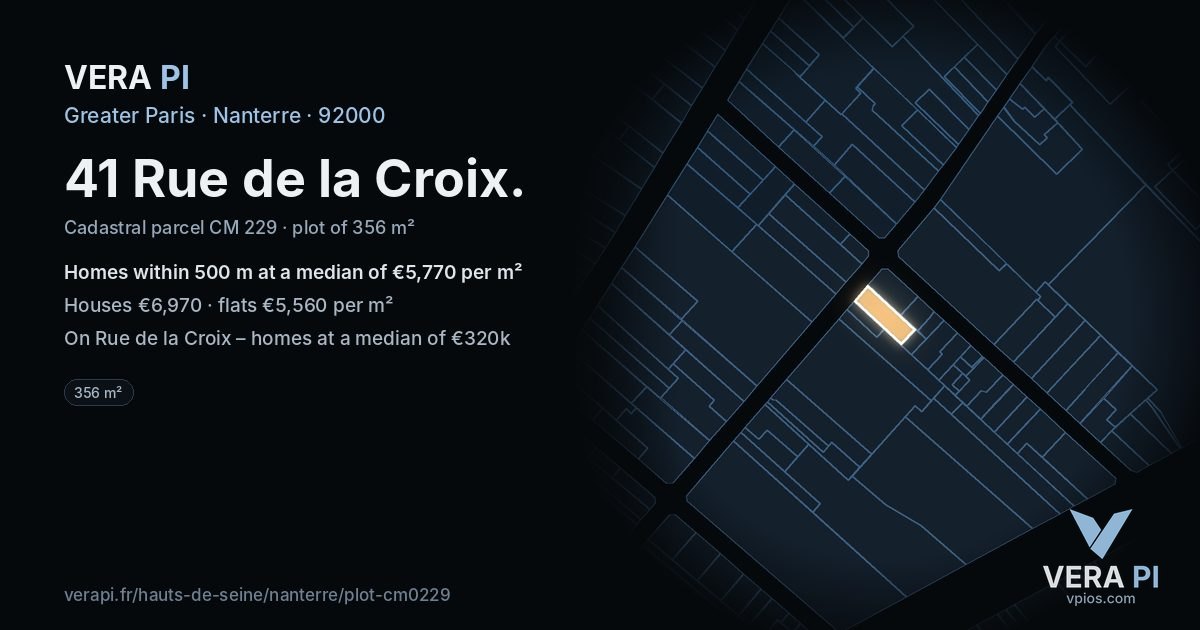 41 Rue de la Croix, Nanterre at night – the plot lit, the parcels around coloured by the prices near them