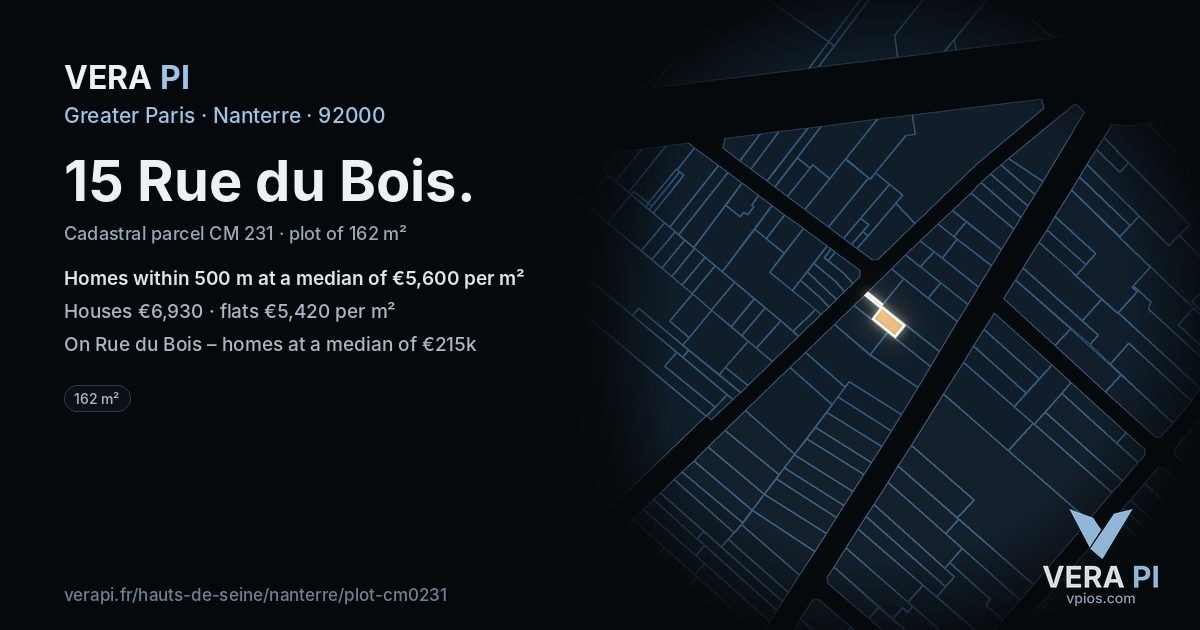 15 Rue du Bois, Nanterre at night – the plot lit, the parcels around coloured by the prices near them
