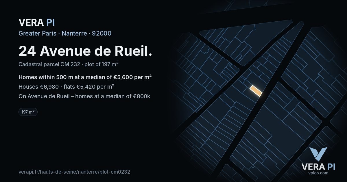 24 Avenue de Rueil, Nanterre at night – the plot lit, the parcels around coloured by the prices near them