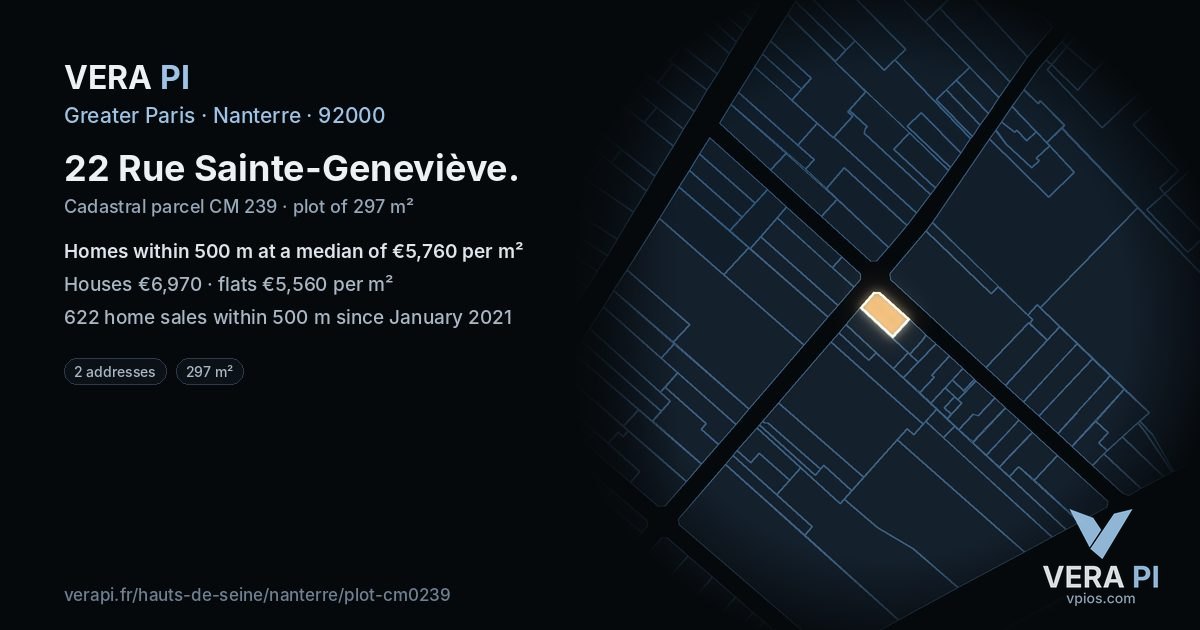 22 Rue Sainte-Geneviève, Nanterre at night – the plot lit, the parcels around coloured by the prices near them